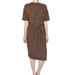 Zara Burgundy Yellow Stripe Front Knot Shirt Knee-Length Dress